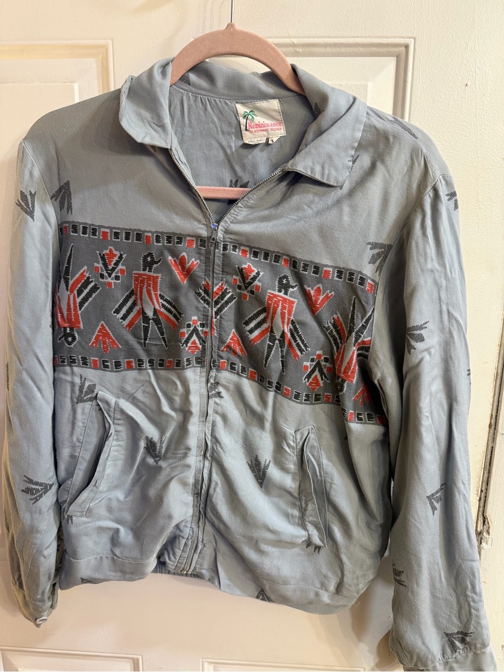 Vintage 80’s Reminiscence Lite  Gray Bomber Jacket with Red &Black Aztec pattern